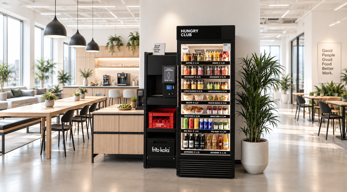 Hungry Club Smart Fridge in einem modernen Büro mit Kaffeebereich
