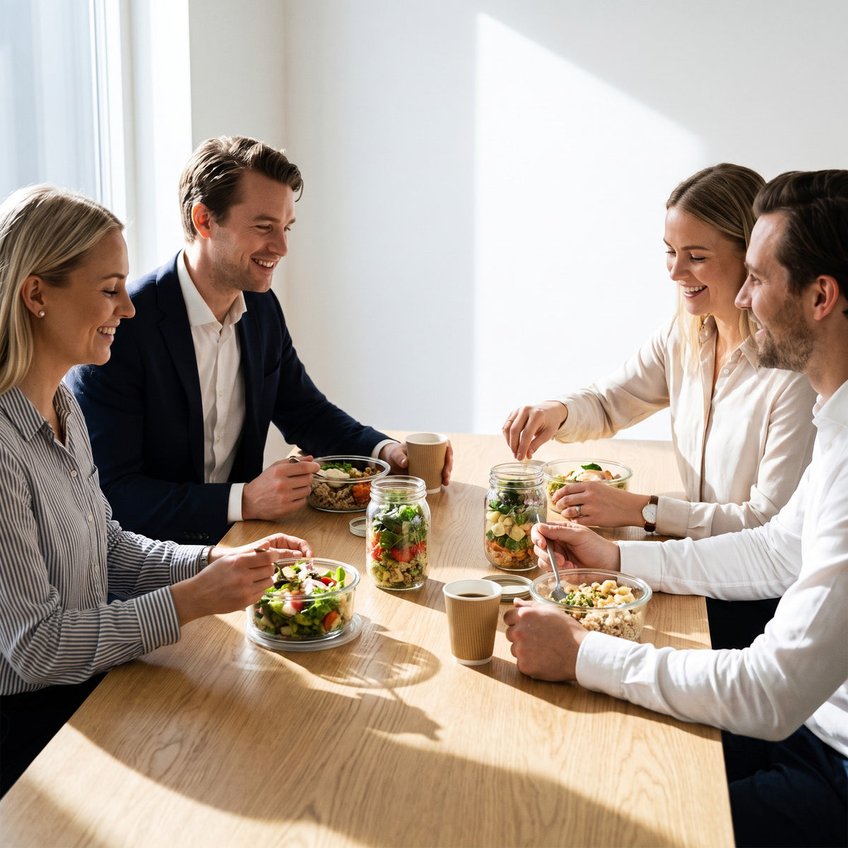 Kolleg:innen genießen gemeinsam ihr Office Lunch aus Hungry Club Gläsern